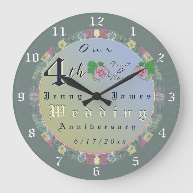 Relógio Grande Quarto aniversário de casamento Floral Wall Clock (Frente)