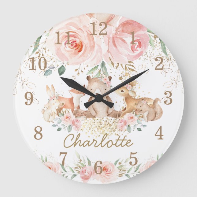 Relógio Grande Quarto-Chic Woodland Animais Blush Floral Girl (Frente)