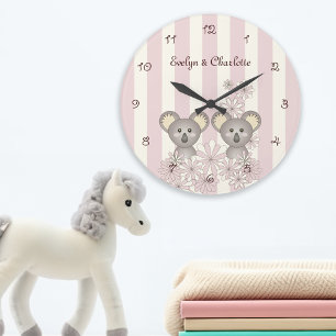 Relógio Grande Quarto de Gêmeas Bebê Fofo Rosa / Sala de Bebê Koa