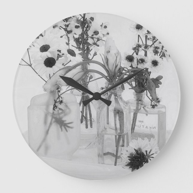 Relógio Grande Quatro Frascos E Flores Brancas (Frente)