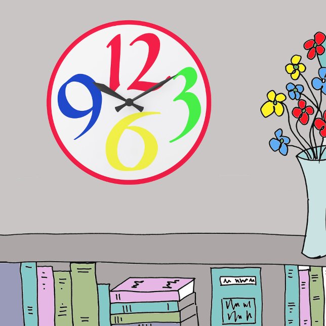 Relógio Grande Quatro grandes números coloridos, borda vermelha (Criador carregado)