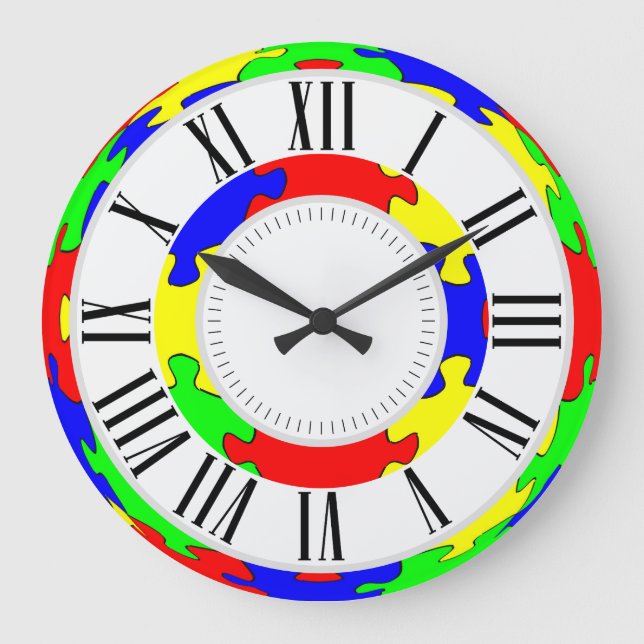 Relógio Grande Quebra-cabeça de serra amarela, azul, verde e amar (Frente)