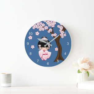 Relógio Grande Quimono Rosa Boneca Kawaii Kokeshi em Azul