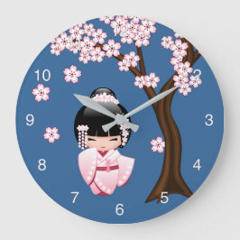 Relógio Grande Quimono Rosa Boneca Kawaii Kokeshi em Azul