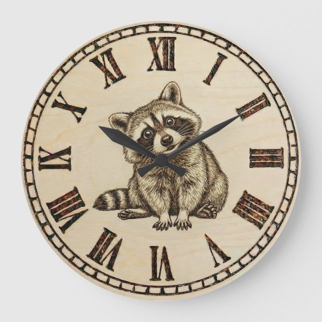 Relógio Grande Raccoon Wooden Wall Clock (Frente)