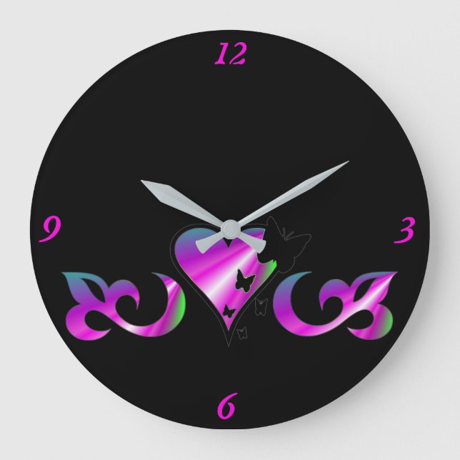 Relógio Grande Rainbow Heart Lily and Butterfly (Frente)