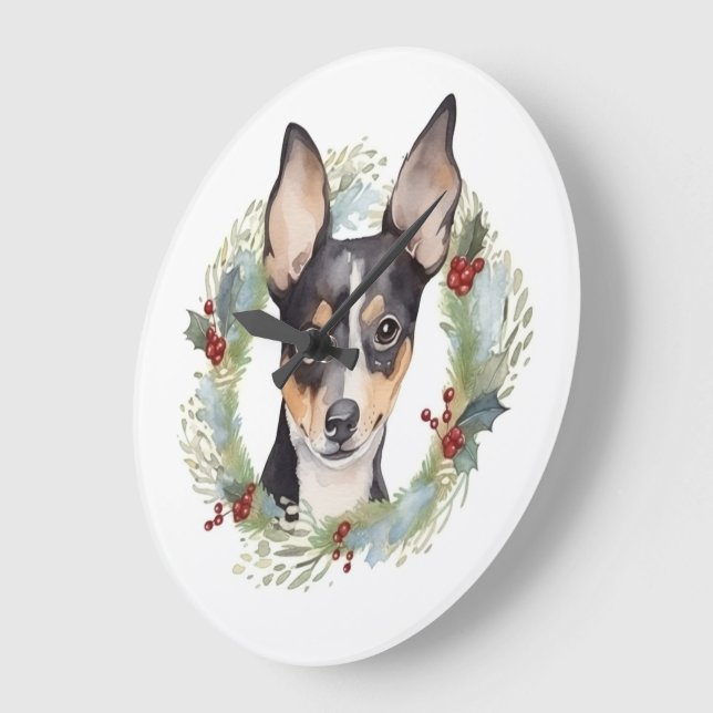 Relógio Grande Rat Terrier Christmas Wreath Festivo Pup (Ângulo)