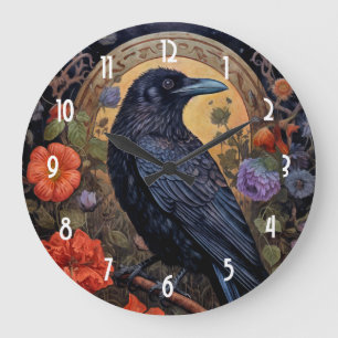 Relógio Grande Raven Preto com Design Gótico Flores