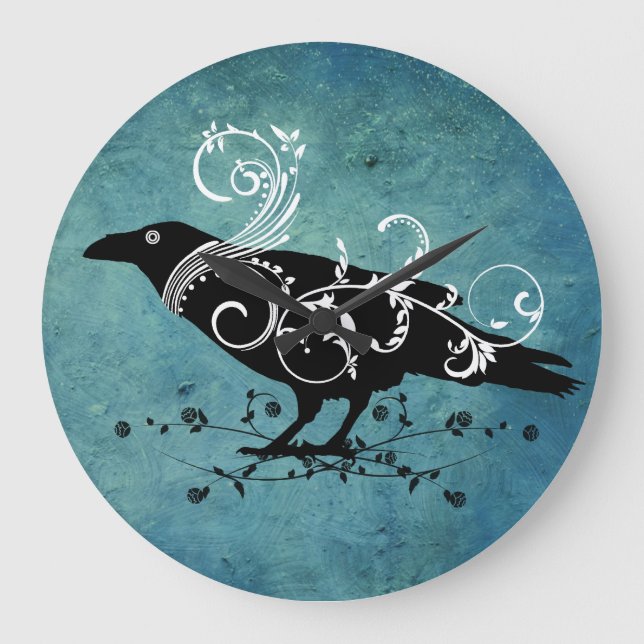 Relógio Grande Raven & Swirls Teal Wall Clock (Frente)