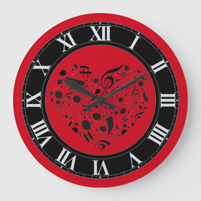 Relógio Grande Red and Black Music Notes Heart Wall Clock (Frente)