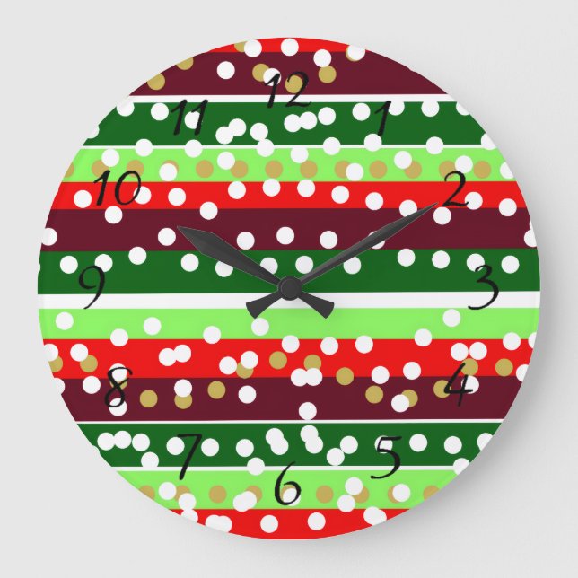 Relógio Grande Red and Green Stripes Polka Dots Christmas  (Frente)