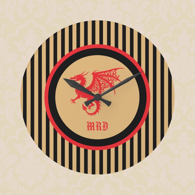 Relógio Grande Red Dragon with Regal Gold Black Stripes Monogram (Criador carregado)