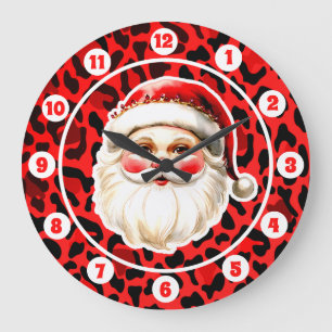 Relógio Grande Red Leopardo Imprime Retro Papai Noel Natal