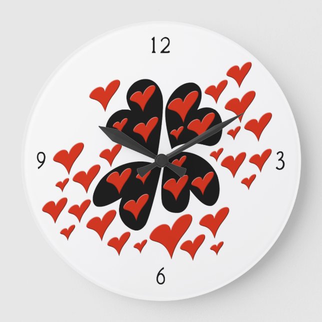 Relógio Grande Red on Black Hearts Large Clock (Frente)