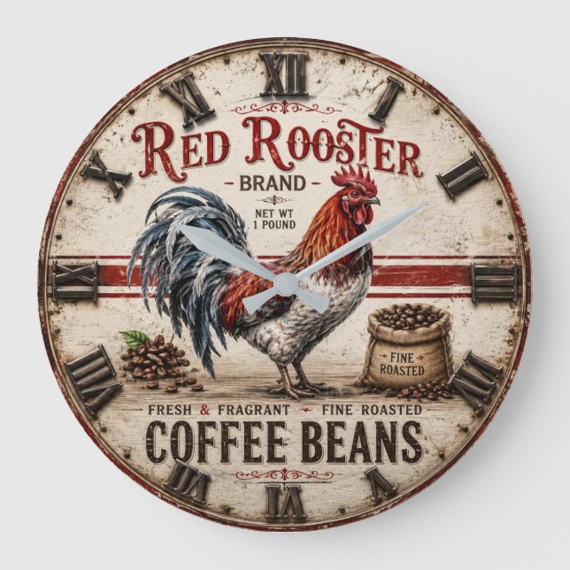 Relógio Grande Red Rooster Coffee Beans Rustic Farmhouse (Frente)