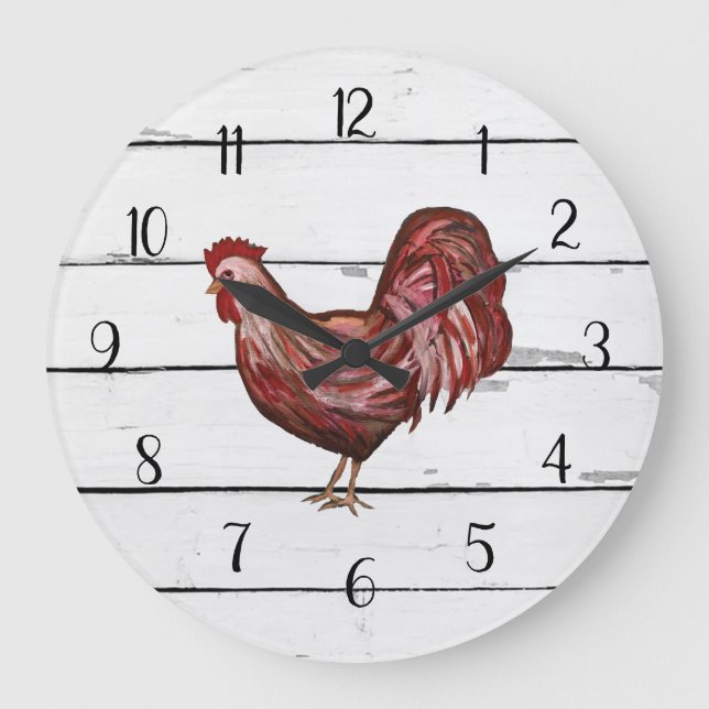 Relógio Grande Red Rooster French Country Shiplap Farmhouse Decor (Frente)
