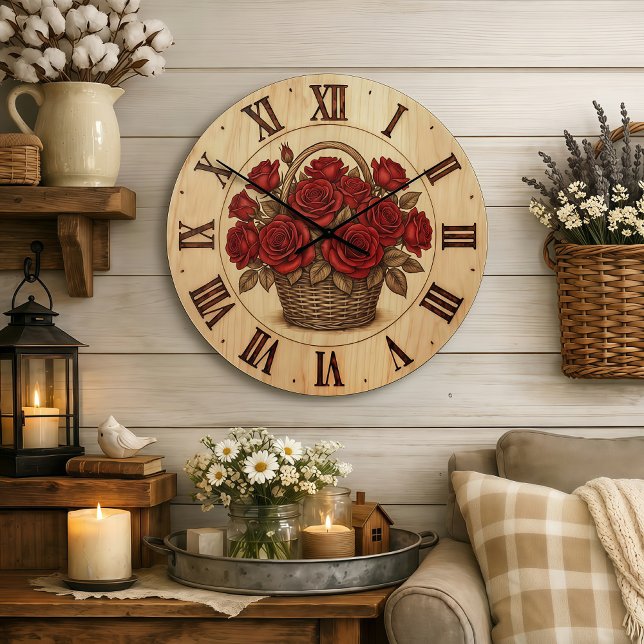 Relógio Grande Red Roses Basket Wall Clock (Criador carregado)
