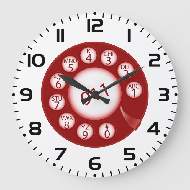 Relógio Grande Red Rotary Phone Dial 911 Emergency Number (Frente)
