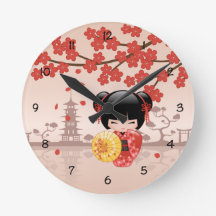 Red Sakura Kokeshi Doll - Geisha Japonês