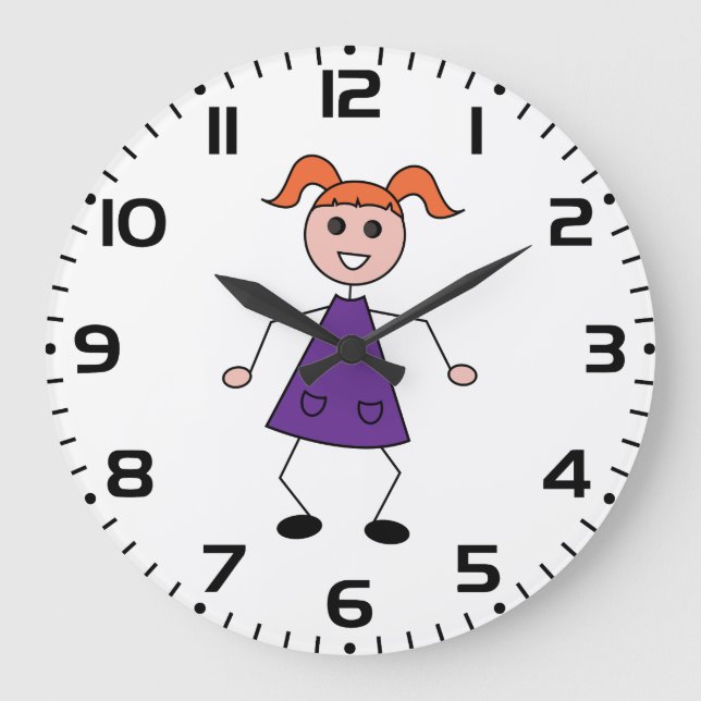 Relógio Grande Redhead Girl Stick Figure in Purple Dress (Frente)