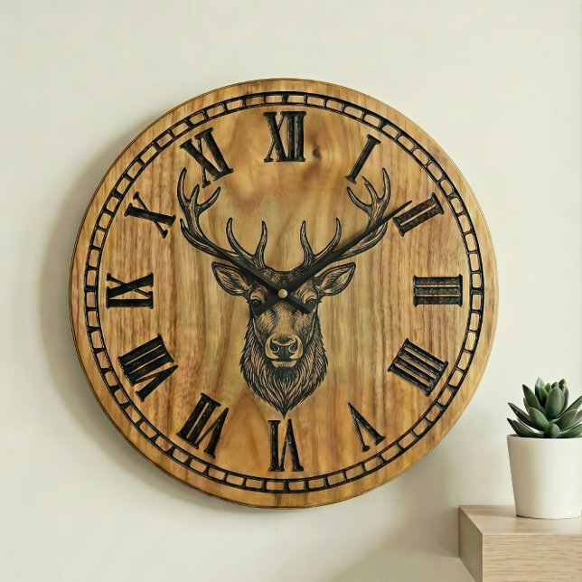 Relógio Grande Reindeer Wall Clock - Wooden Style Design  (Criador carregado)