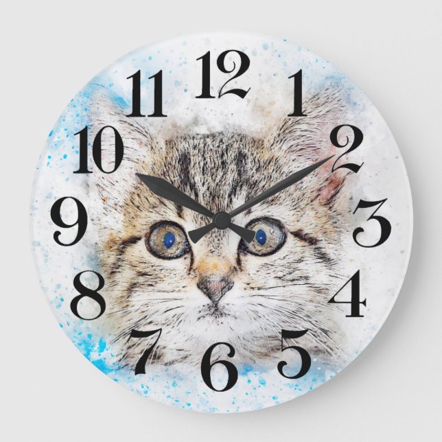 Relógio Grande reloj de pared gato a la acuarela (Frente)