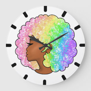Relógio Grande Retrato Afro Arco-Íris Pastel Groovy Retro Cabelo