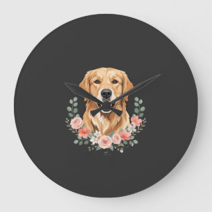 Relógio Grande Retrato de Cachorro Golden Retriever Floral Sublim
