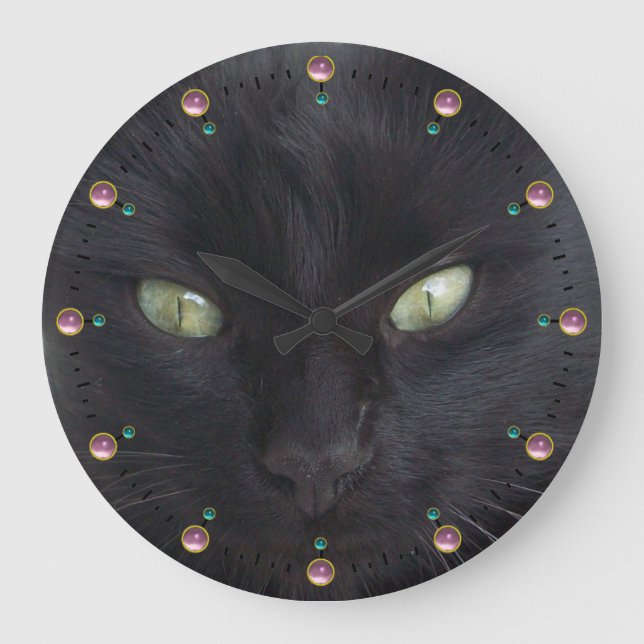 Relógio Grande RETRATO DE GATO PRETO COM OLHOS EMERALDADOS,Gemsto (Frente)
