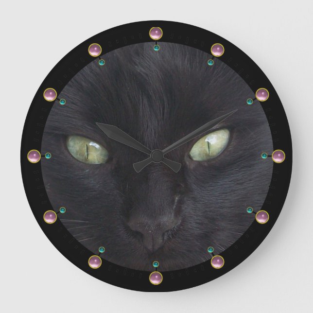 Relógio Grande RETRATO DE GATO PRETO COM OLHOS EMERALDADOS,Gemsto (Frente)