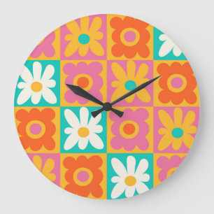 Relógio Grande Retro Anos 70 Groovy Floral Xadrez Colorido