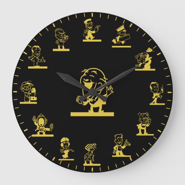 Relógio Grande Retro Cartoon People Themed Gold Large Clock (Frente)
