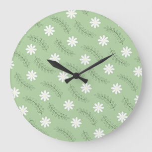 Relógio Grande Retro Floral Verde Sage Whimsical, Cheio