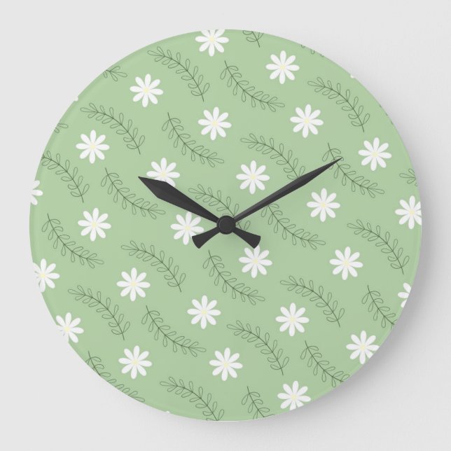 Relógio Grande Retro Floral Verde Sage Whimsical, Cheio (Frente)