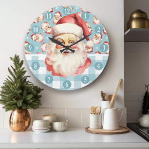 Relógio Grande Retro Papai Noel Xadrez Azul e Branco de Natal