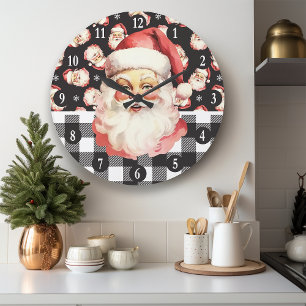 Relógio Grande Retro Papai Noel Xadrez Preto e Branco de Natal