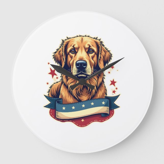 Relógio Grande Retro Patriotic Golden Retriever Engraving Tee 4 (Frente)