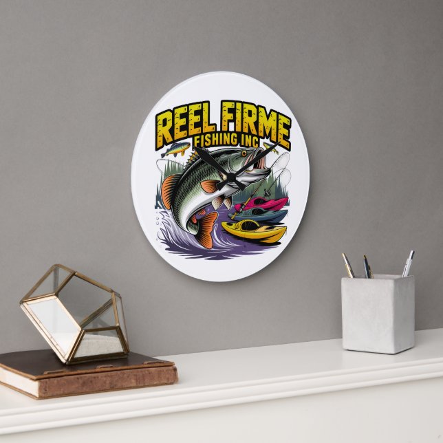 Relógio Grande Retro "Reel Firme Fishing Inc" Bass & Kayak Wall C (Escritório)