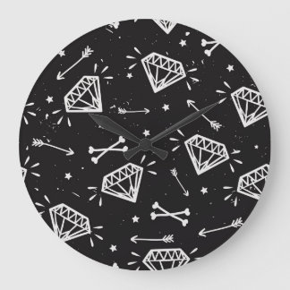 Relógio Grande Rock Grunge: diamantes, padrão ósseo.