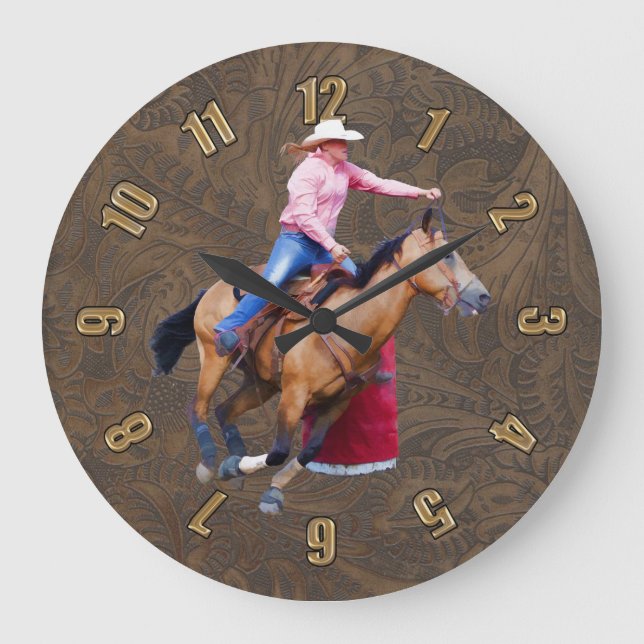 Relógio Grande Rodeo Cowgirl Barrel Racing Faux Leather Clock (Frente)