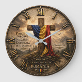 Relógio Grande Romanian Christian Cross with Psalm 33:12 Bible