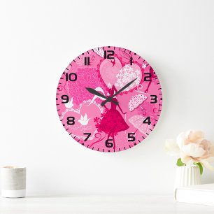 Relógio Grande Romântica Amor Silhouette Padrão Corações Rosa