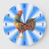 Rooster Vintage Art em Blue White Kitchen Clock