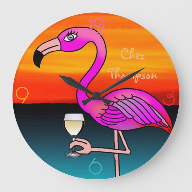 Relógio Grande Rosa bebendo de vinho Flamingo personalizado (Frente)