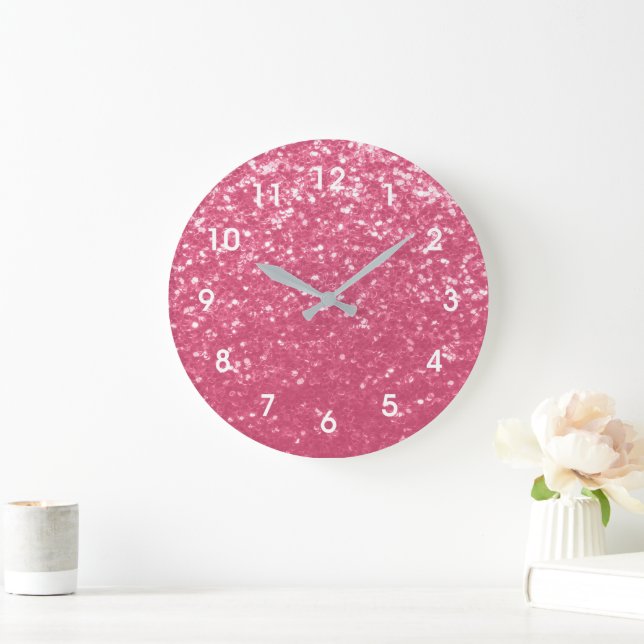 Relógio Grande Rosa claro rosa falso brilho glitter com números (Lar)