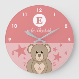 Relógio Grande Rosa e branco com estrelas e nome de bebê de urso 