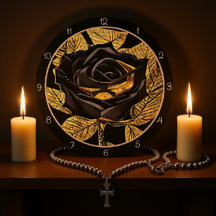 Relógio Grande Rosa Preta Elegante Dourada