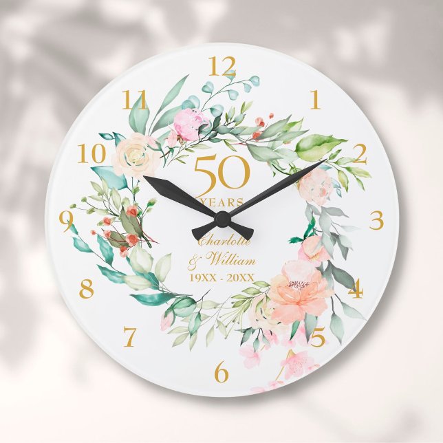 Relógio Grande Rosas de Aniversário de Bodas de Ouro de 50 anos F (50th Golden Wedding Anniversary Roses Floral Large Clock)