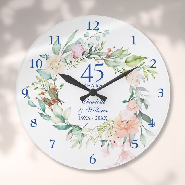 Relógio Grande Rosas de Aniversário de Casamento de 45 a 65 anos  (45th 65th Wedding Anniversary Roses Floral Large Clock)