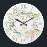 Relógio Grande rosas de aniversário de casamento do Ouro 50º Flor<br><div class="desc">Apresentando uma delicada camada floral de aquarela,  este relógio botânico de 50º aniversário de casamento pode ser personalizado com seus detalhes especiais de ouro em tipografia elegante. Projetado por Thisnotme©</div>